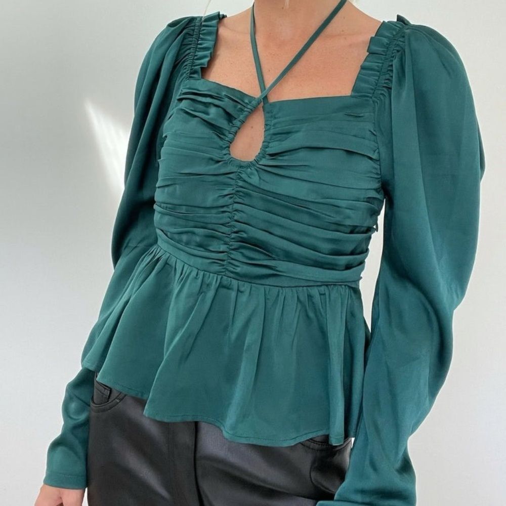 NWT Six/Fifty Ruby Satin Tie Front Blouse Emerald size S